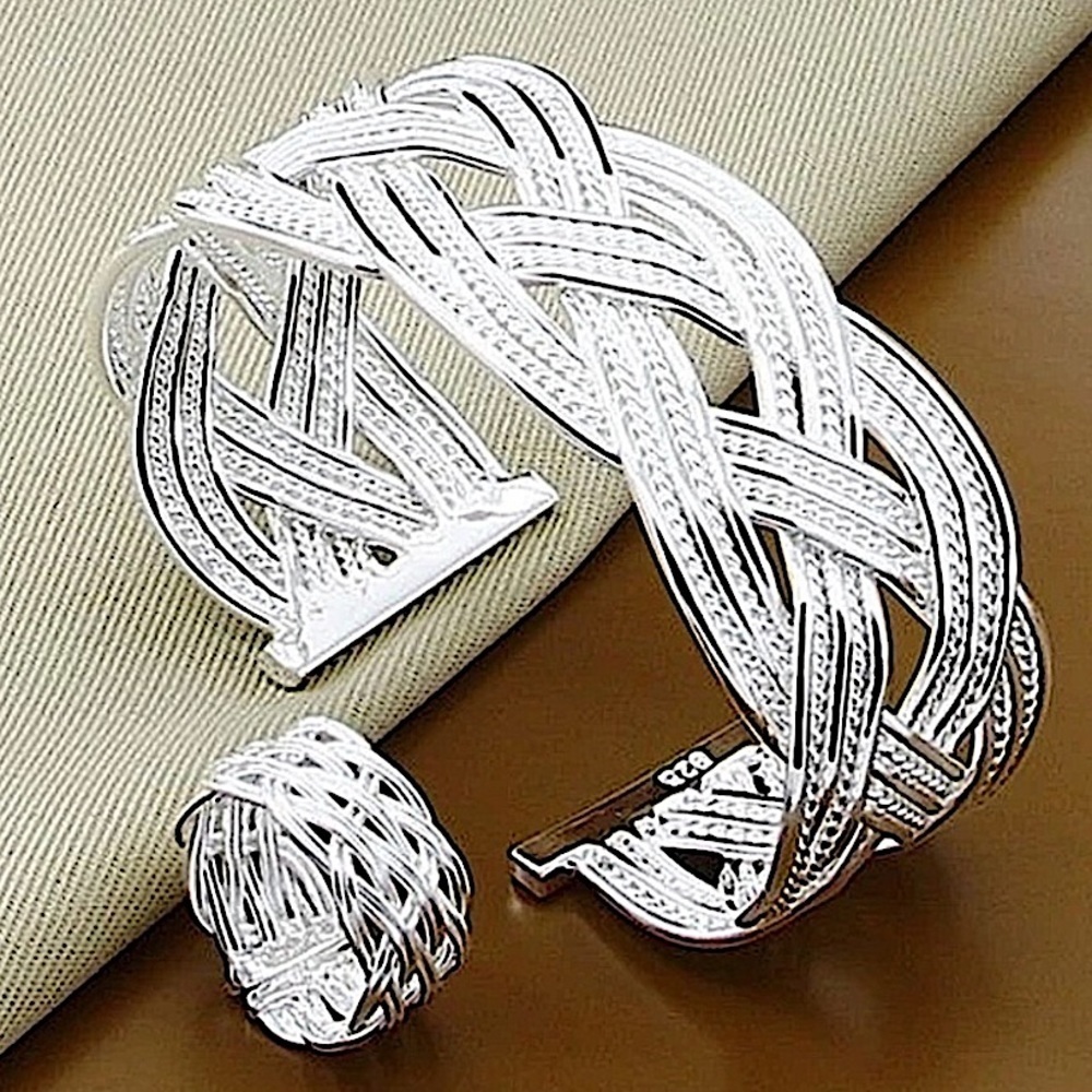 Braided Design Sterling Silver Bangle Cuff Bracelet Matching Ring Set
